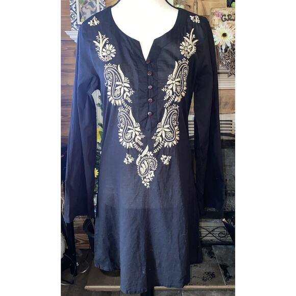 NWT Amanda Blu Blk Ctn Boho Hippie Tunic Ivory Embroidered Sm Lagenlook - Picture 1 of 9